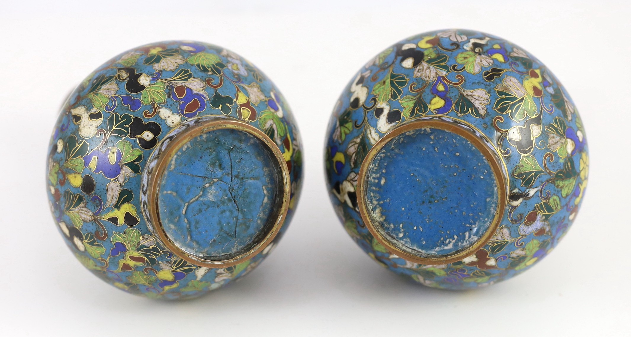 A pair of Chinese cloisonné enamel ‘gourd vine’ vases, early 19th century, 18cm high